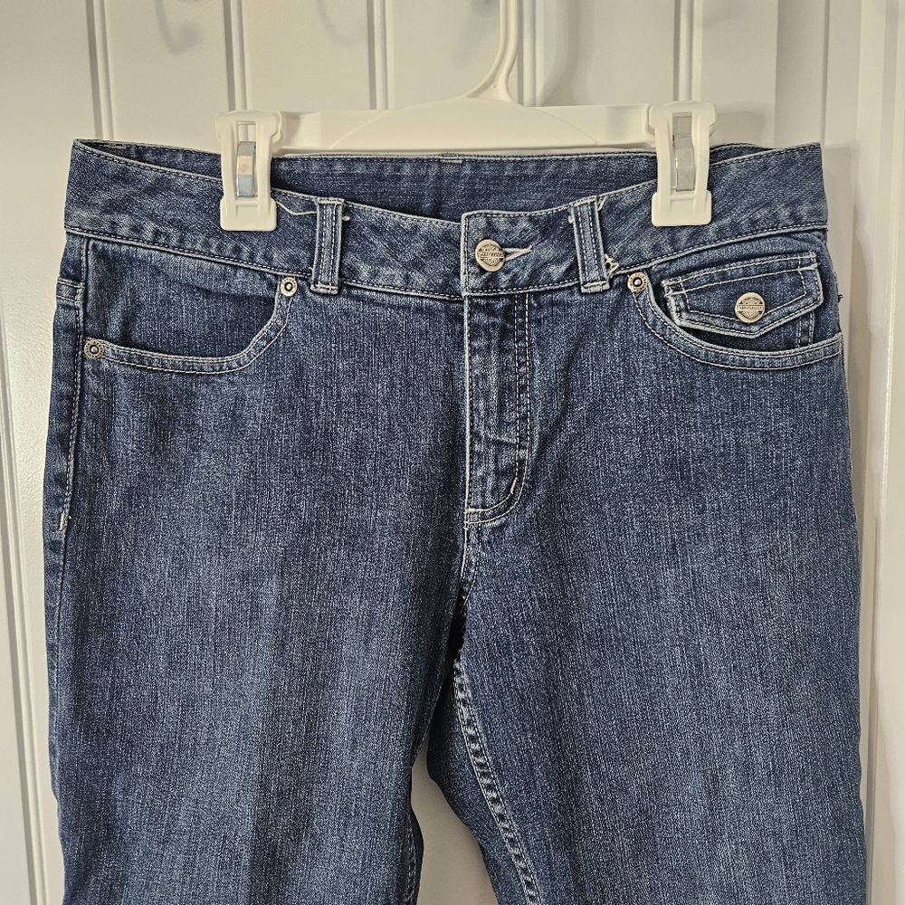 Harley‎ Davidson Capri Stretch Blue Jean Pants Embroidered Pocket Womens Size 6 - Picture 2 of 10